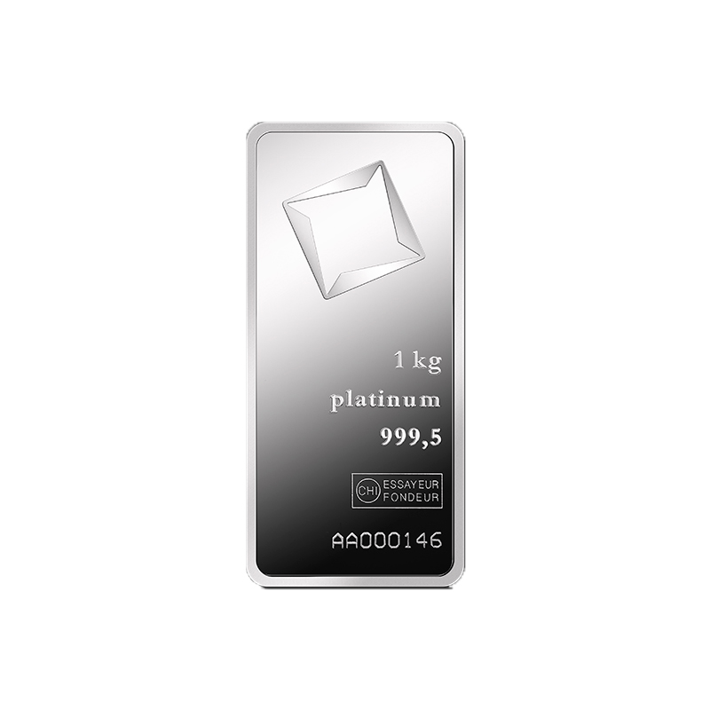 Front view of a 1kg platinum minted bar